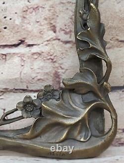 Detailed Art Deco Woman With Flower Base Rescue In Genuine Bronze Sculpture By