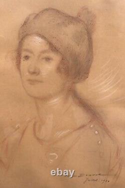 Drawing Art Deco Firm Bouisset (1859-1925) Portrait Woman Bonnet Frame 1920