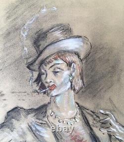 Drawing Art Deco Luc Olivier Lesieur Portrait Woman Cabaret Cigarette Hat