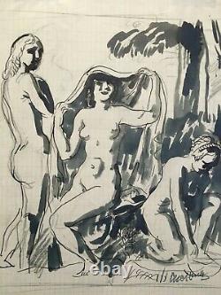 Drawing Lavis D'ink Cahet D'atelier Naked Naked Woman Nudity Greece Antique Art Deco