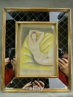 Drawing Of Naked Woman Manages Frame Mirror Églomisé & Bois Dore Annees 40 Art Deco