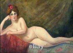 Drawing Old Original Nude Woman With Flower, Odalisque
