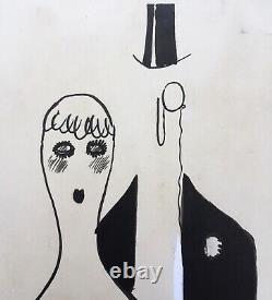 Drawing Original Ink Albert Vialé Portrait Couple Woman Men Monocle 1930s