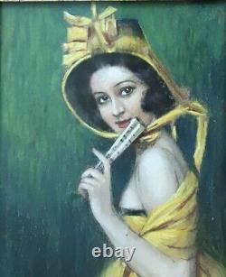 Drawing Pastel Art Deco Gustave Brisgand Portrait Woman Yellow Dress Fan 1910s