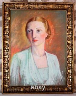 Early 20th Century Large Portrait of Woman 57x72cm Pastel Drawing ART DECO Paper FRANCE