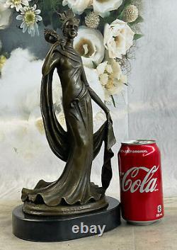 Elegant Woman'holding' Bronze Mask Sculpture Marble Base Statue Art Deco