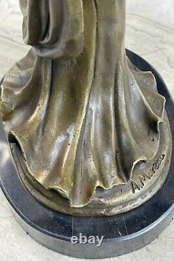 Elegant Woman'holding' Bronze Mask Sculpture Marble Base Statue Art Deco