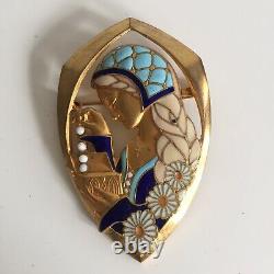 Enamelled Brooch Signed E. Bouillot Woman Art Nouveau / Art Deco Ancient Jewelry