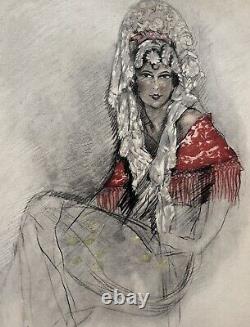 Engraving Art Deco Edouard Chimot Portrait of Spanish Andalusian Woman with Mantilla 1930