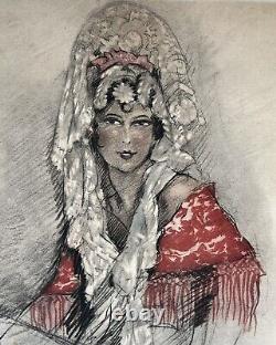 Engraving Art Deco Edouard Chimot Portrait of Spanish Andalusian Woman with Mantilla 1930