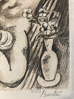 Engraving Art Deco: Lying Woman, Laszlo Barta, Erotic Nude Portrait, 1950, Vintage