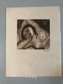 Engraving Art Deco Woman Laszlo Barta Erotic Nude Portrait Etching 1940 Bed