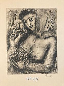 Enlish translation: 'Art Deco Engraving of Woman with Bouquet: Laszlo Barta Erotic Nude Portrait 1950'
