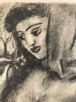 Enlish translation: 'Art Deco Engraving of Woman with Bouquet: Laszlo Barta Erotic Nude Portrait 1950'