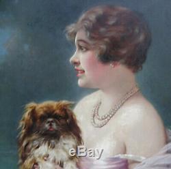 F. Martin-kavel Portrait Of Young Woman In Dog Twentieth Century Art Deco Hst