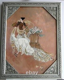 Frame Ancient Art Deco Painting Oil (fire) Woman And White Dog