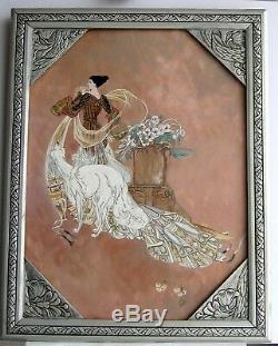 Frame Old Art Deco Oil Painting (of Feure) Woman And White Dog