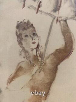 Framed watercolor signed DUFAU Nude Woman with Art Deco Umbrella and Flowers