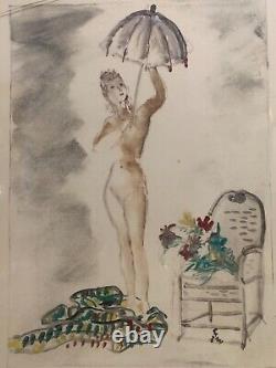 Framed watercolor signed DUFAU Nude Woman with Art Deco Umbrella and Flowers