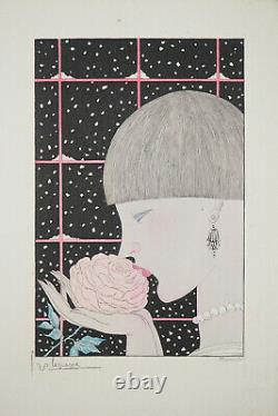 Georges Lepape Young Woman With Pink Original Engraving Signed #art Deco
