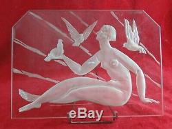 Glass Plate Engraved Woman With Doves Style Art Deco Twentieth