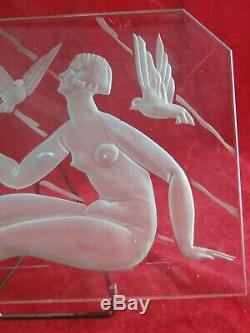 Glass Plate Engraved Woman With Doves Style Art Deco Twentieth