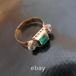 Gold Emerald Ring Precious Sapphire Gem Stone Woman Art Deco France N4033