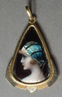 Gold Pendant With Emaux De Limoges Woman Art Deco Sign C Lucien