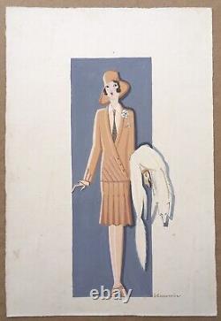 Gouache Drawing Art Deco Suzanne Lecoconnier Portrait Woman Fashion Fur