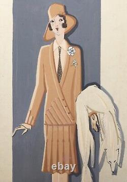 Gouache Drawing Art Deco Suzanne Lecoconnier Portrait Woman Fashion Fur