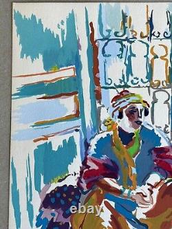 'Gouache Painting Moroccan Orientalist Landscape Moroccan Portrait Woman with Tea 1940'