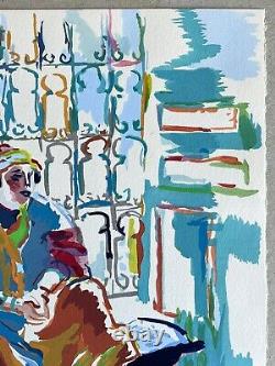 'Gouache Painting Moroccan Orientalist Landscape Moroccan Portrait Woman with Tea 1940'