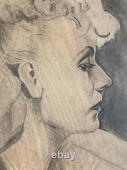 Grand Drawing Portrait of a Woman in Profile with Sanguine Pencil Painting 1936 Art Deco