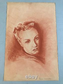 Grand Drawing Portrait of a Woman in Profile with Sanguine Pencil Painting 1936 Art Deco