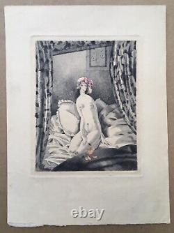 Gravure Ancienne Art Deco Charles Martin Erotica Portrait Young Woman Nude Bed
