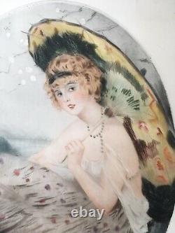 Gravure Aquatinte Art Deco Attr William Ablett Portrait Femme Mode Ombrelle 1920