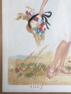 Gravure Art Deco Eugène Leliepvre Portrait Femme Sensuelle Blé Cart Fleur 1942