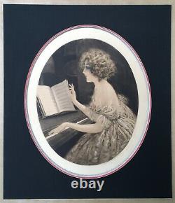 Gravure Art Deco Maurice Millière Portrait Femme Mode Au Piano Music Sheet Music