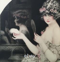 Gravure Art Deco Maurice Millière Portrait Woman Fashion Dress Flower Mirror Toilet