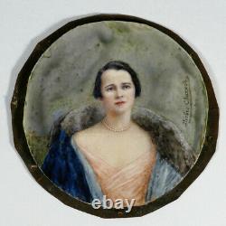 Great Miniature On Bone, Portrait Of Woman With Blue Coat 1930 Art Deco Ancien