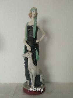 Great Statue Woman Greyhound Art Deco Terra Cotta