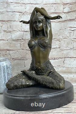 Hand Made Woman Yoga Meditation Bronze Sculpture Art Deco Marble Base