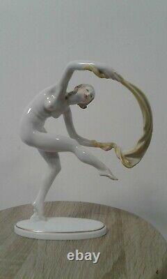 Herend Hungary-art Deco-nude Figurine-woman With Hand-painted Scarf