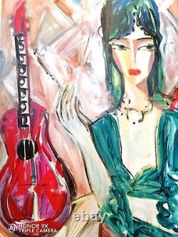 Hrasarkos (1975) Acrylic Painting On Canvas 75x114 Cm, Woman With Violin