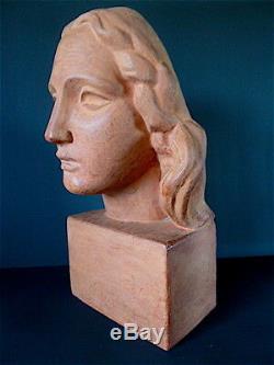 Imposing Patinated Plaster Signed A Vriens Head Woman Art Deco 1940 1950 45 CM