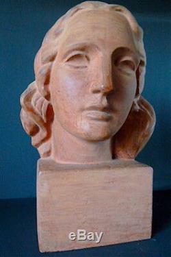 Imposing Patinated Plaster Signed A Vriens Head Woman Art Deco 1940 1950 45 CM