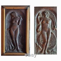 Interesting antique art deco panels of a nude woman signed Schimmel 31 x 18 cm