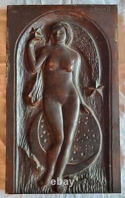 Interesting antique art deco panels of a nude woman signed Schimmel 31 x 18 cm