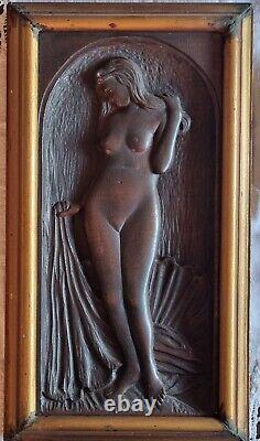 Interesting antique art deco panels of a nude woman signed Schimmel 31 x 18 cm