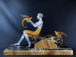 J Dauvergne Superbe Rare Statue Art Deco Women At Perroquets C 1925 Sculpture
